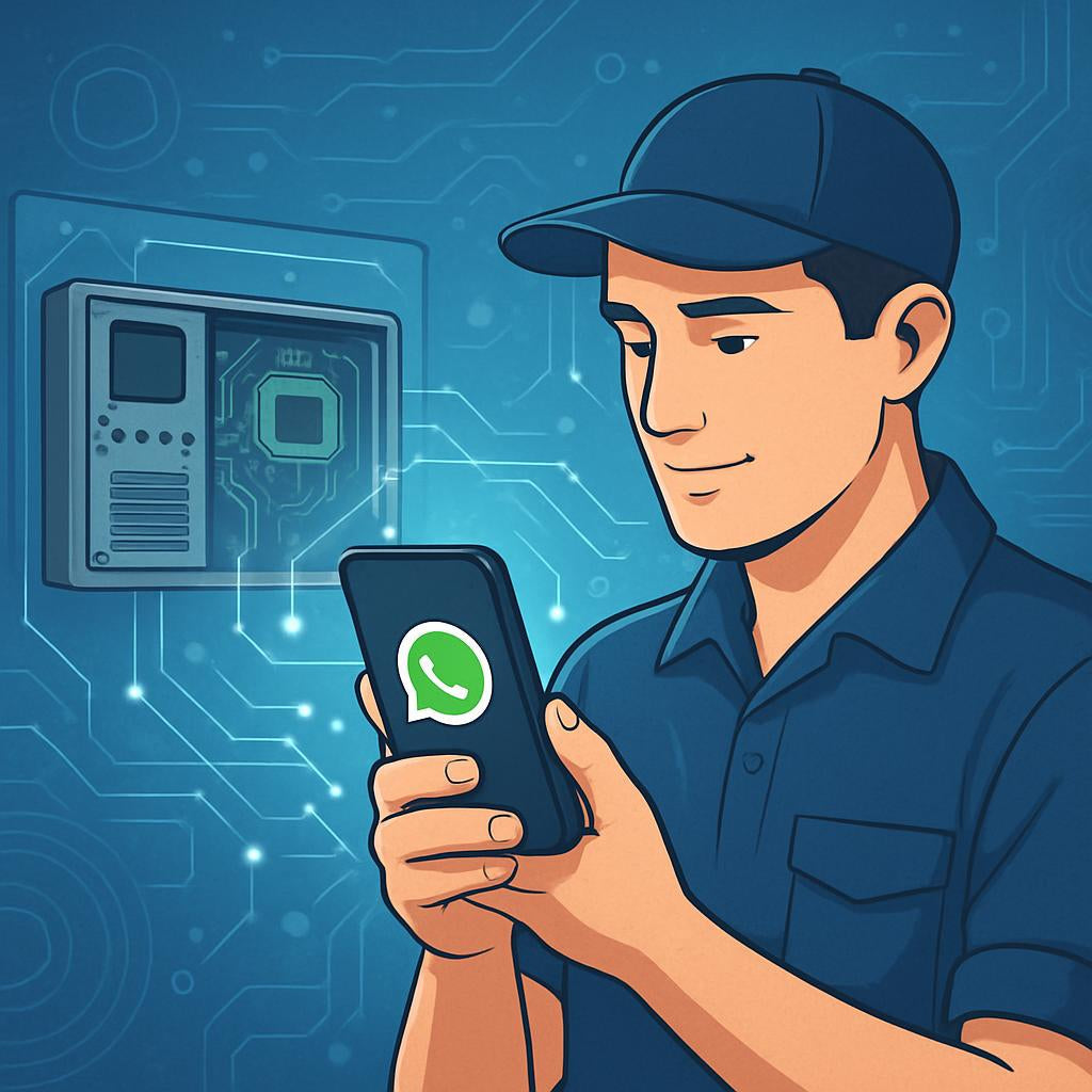 An illustrative image of a technician using WhatsApp on a smartphone to diagnose an electronic device remotely, with digital connection lines and tech-themed background elements.