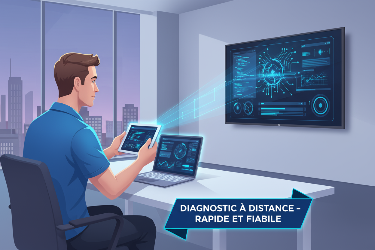Illustration d’un technicien regardant un téléviseur via smartphone ou ordinateur.
Texte sur l’image : “Diagnostic à distance – Rapide et Fiable”.