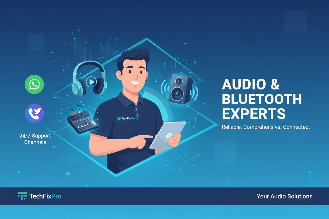 -Service professionnel fourni par TechFixPro. Assistance complète via WhatsApp, téléphone ou réseaux sociaux pour : assistance pour appareils bluetooth et audio.