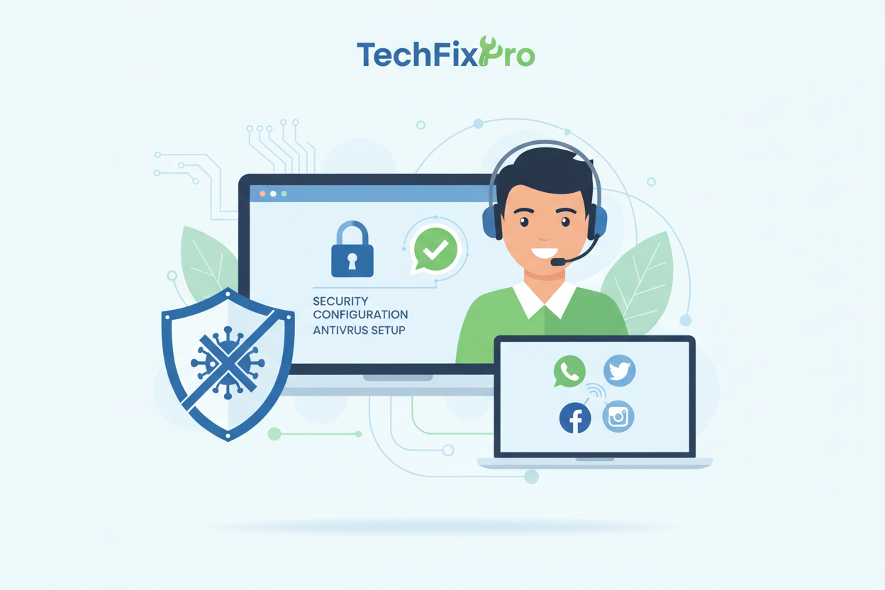 Service professionnel fourni par TechFixPro. Assistance complète via WhatsApp, téléphone ou réseaux sociaux pour : configuration de sécurité et antivirus.