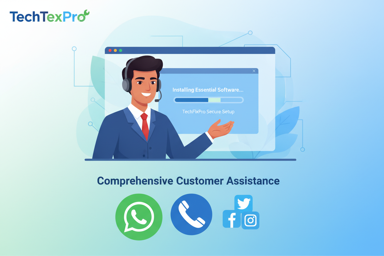 Service professionnel fourni par TechFixPro. Assistance complète via WhatsApp, téléphone ou réseaux sociaux pour : installation de logiciels essentiels./
