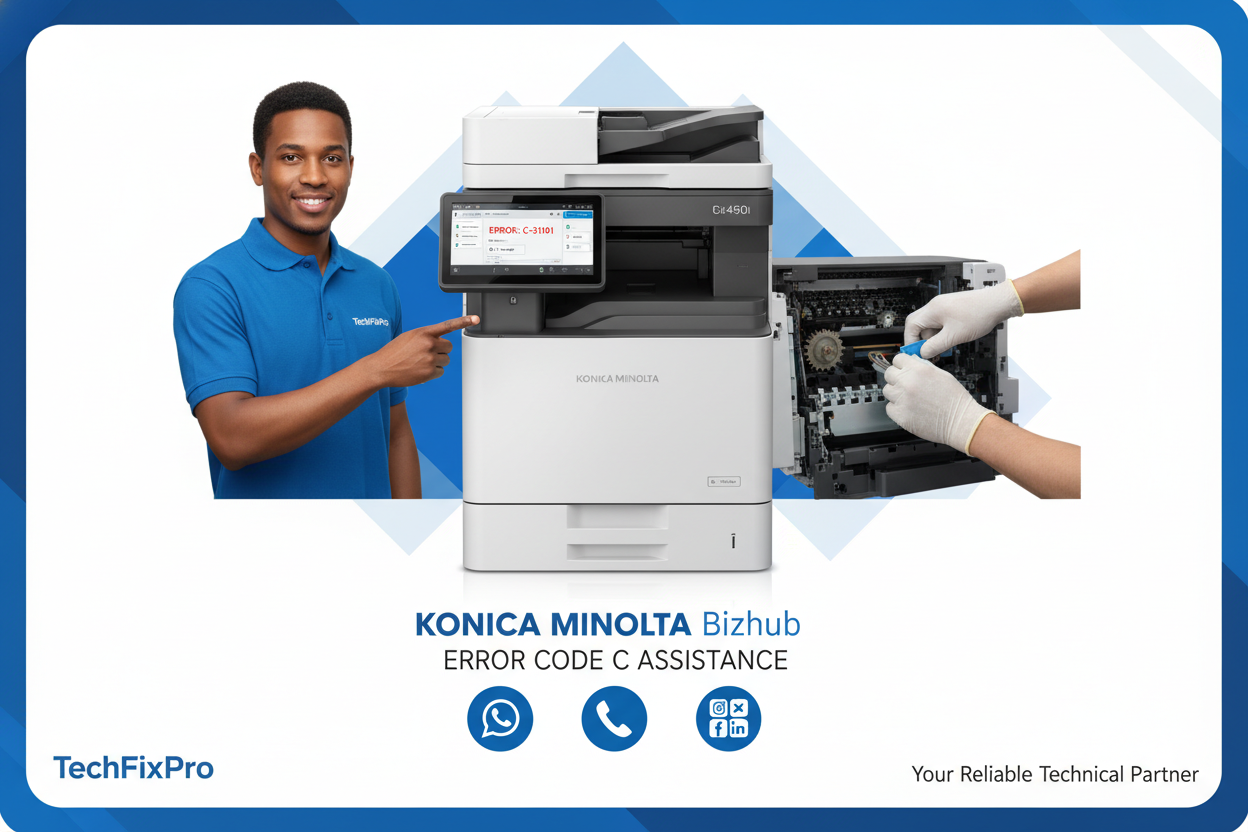 Service professionnel TechFixPro dédié aux imprimantes Konica Minolta Bizhub. Assistance complète via WhatsApp, téléphone ou réseaux sociaux pour : assistance pour erreur code c bizhub.