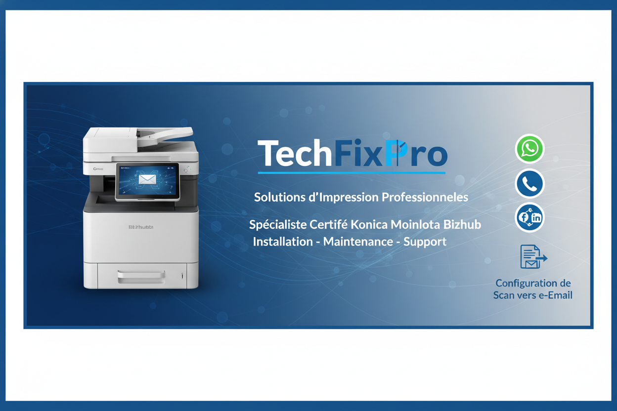 Service professionnel TechFixPro dédié aux imprimantes Konica Minolta Bizhub. Assistance complète via WhatsApp, téléphone ou réseaux sociaux pour : configuration scan vers email bizhub.