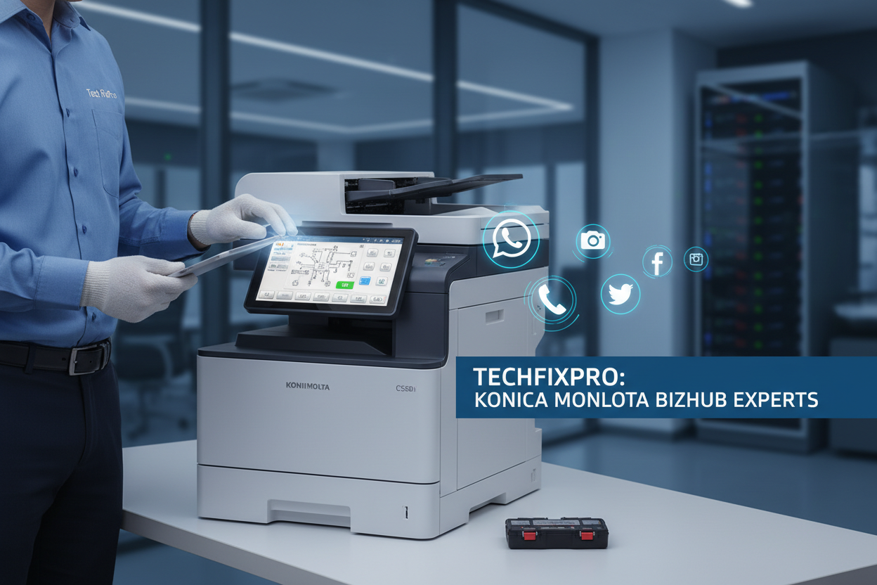 Service professionnel TechFixPro dédié aux imprimantes Konica Minolta Bizhub. Assistance complète via WhatsApp, téléphone ou réseaux sociaux pour : dépannage du panneau de commande.