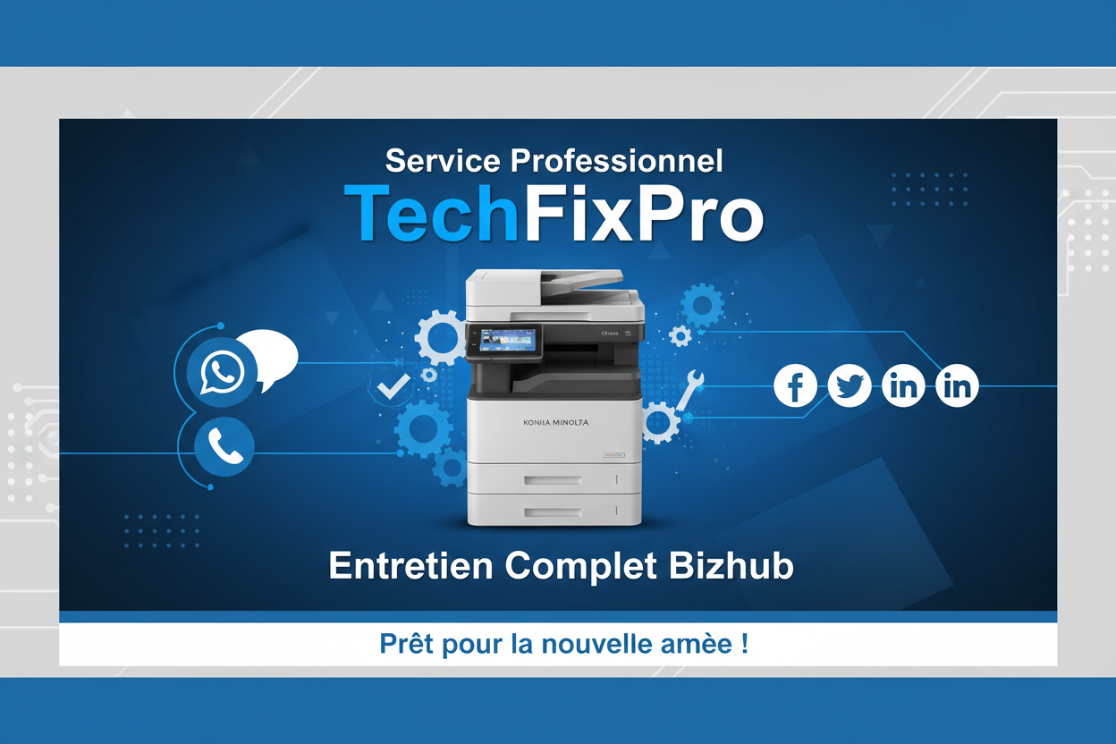 Service professionnel TechFixPro dédié aux imprimantes Konica Minolta Bizhub. Assistance complète via WhatsApp, téléphone ou réseaux sociaux pour : entretien complet de fin d’année bizhub.