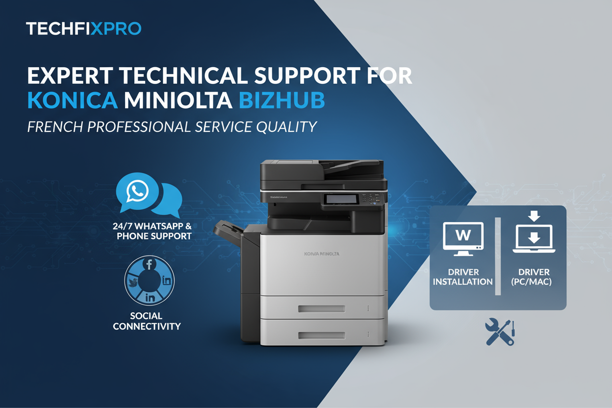 Service professionnel TechFixPro dédié aux imprimantes Konica Minolta Bizhub. Assistance complète via WhatsApp, téléphone ou réseaux sociaux pour : installation de pilotes bizhub sur pc/mac.