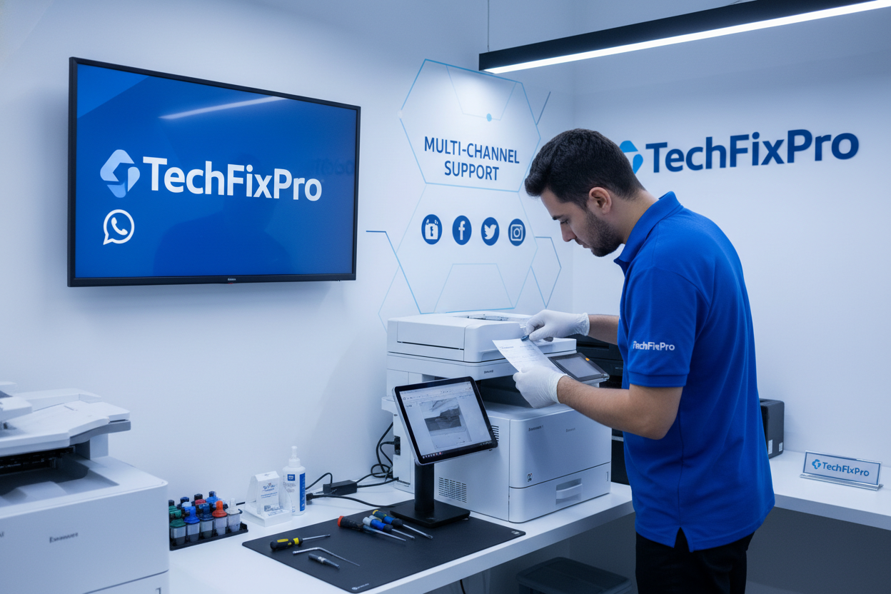 Service professionnel TechFixPro dédié aux imprimantes Konica Minolta Bizhub. Assistance complète via WhatsApp, téléphone ou réseaux sociaux pour : réglage et alignement des têtes d’impression.