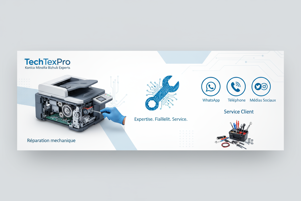 Service professionnel TechFixPro dédié aux imprimantes Konica Minolta Bizhub. Assistance complète via WhatsApp, téléphone ou réseaux sociaux pour : réparation de pièces mécaniques simples.