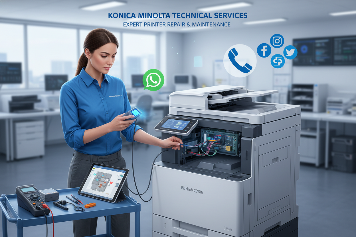 Service professionnel TechFixPro dédié aux imprimantes Konica Minolta Bizhub. Assistance complète via WhatsApp, téléphone ou réseaux sociaux pour : vérification et test des capteurs internes.