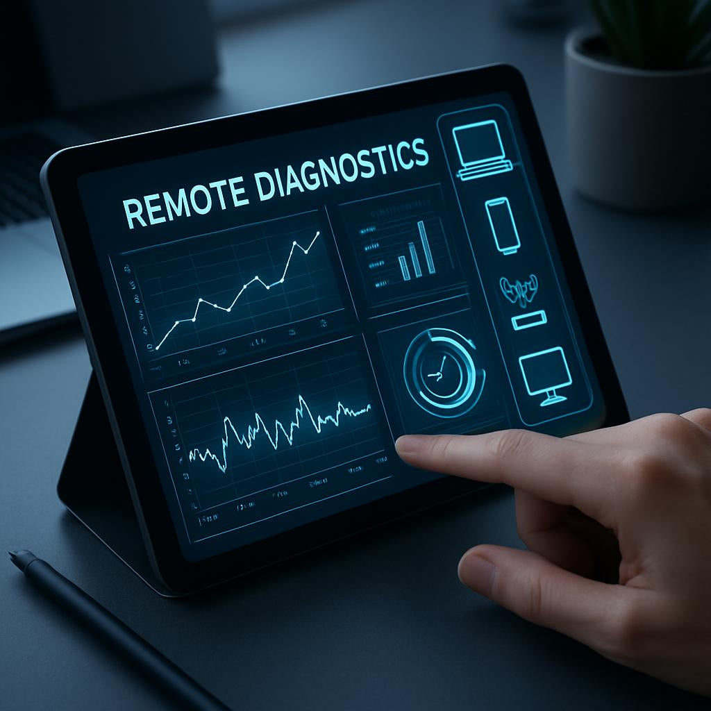 A sleek, high-tech scene showing a remote diagnostic session on a tablet, with graphical data overlays and electronic device icons, in a contemporary workspace.