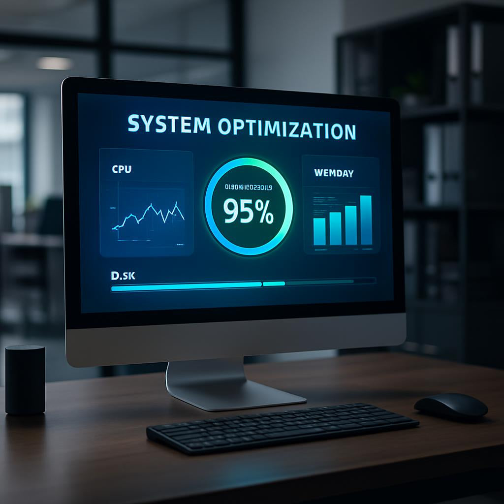 A sleek, modern computer setup with a glowing screen displaying performance metrics, set in a professional office environment, emphasizing system optimization services.