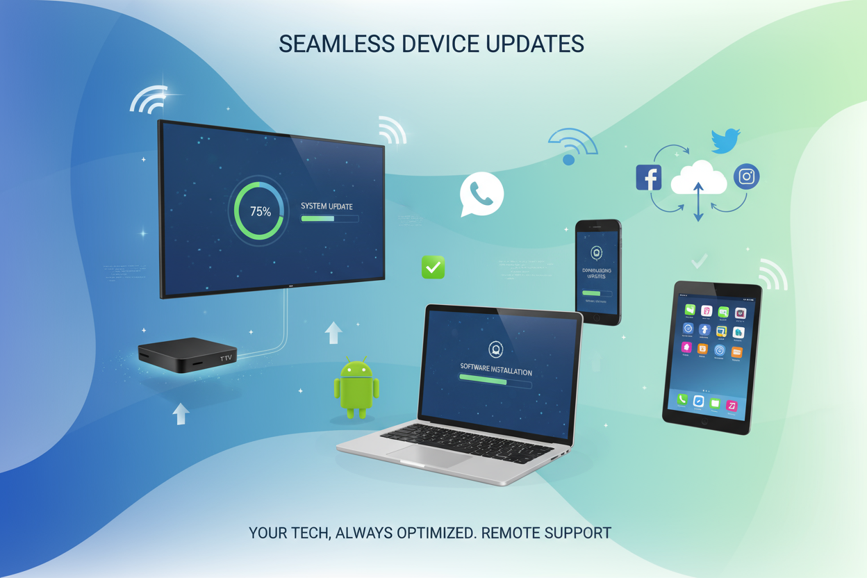 Gardez vos appareils électroniques à jour et performants !
Nous assurons la mise à jour logicielle de vos Smart TV, Android Box, ordinateurs, smartphones et tablettes. Notre équipe vous guide à distance via WhatsApp, téléphone ou réseaux sociaux, pour garantir un système fluide, rapide et sécurisé.

💡 Ce que comprend le service :

Vérification de la version actuelle et compatibilité de mise à jour

Assistance complète à distance pour l’installation des mises à jour

Nettoyage logiciel et suppression des fi