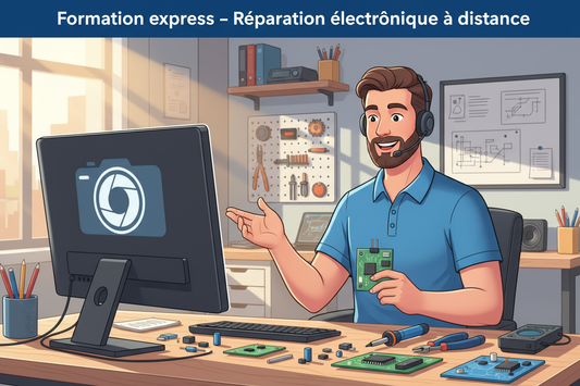 Illustration d’un technicien donnant une formation en ligne.

Texte sur l’image : “Formation express – Réparation électronique à distance”.