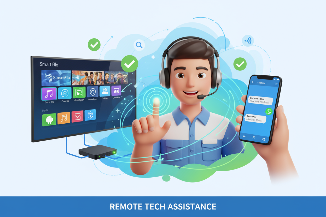 Nous vous aidons à installer et configurer vos applications préférées sur Smart TV, Android Box ou autres systèmes connectés.
Notre équipe vous guide pas à pas via WhatsApp, appel téléphonique ou réseaux sociaux, pour garantir une installation rapide et sans erreurs.

💡 Ce que comprend le service :

Installation d’applications compatibles (médias, outils système, streaming légal, etc.)

Réglages personnalisés selon le modèle de votre appareil

Optimisation des performances et nettoyage du système

Assistan