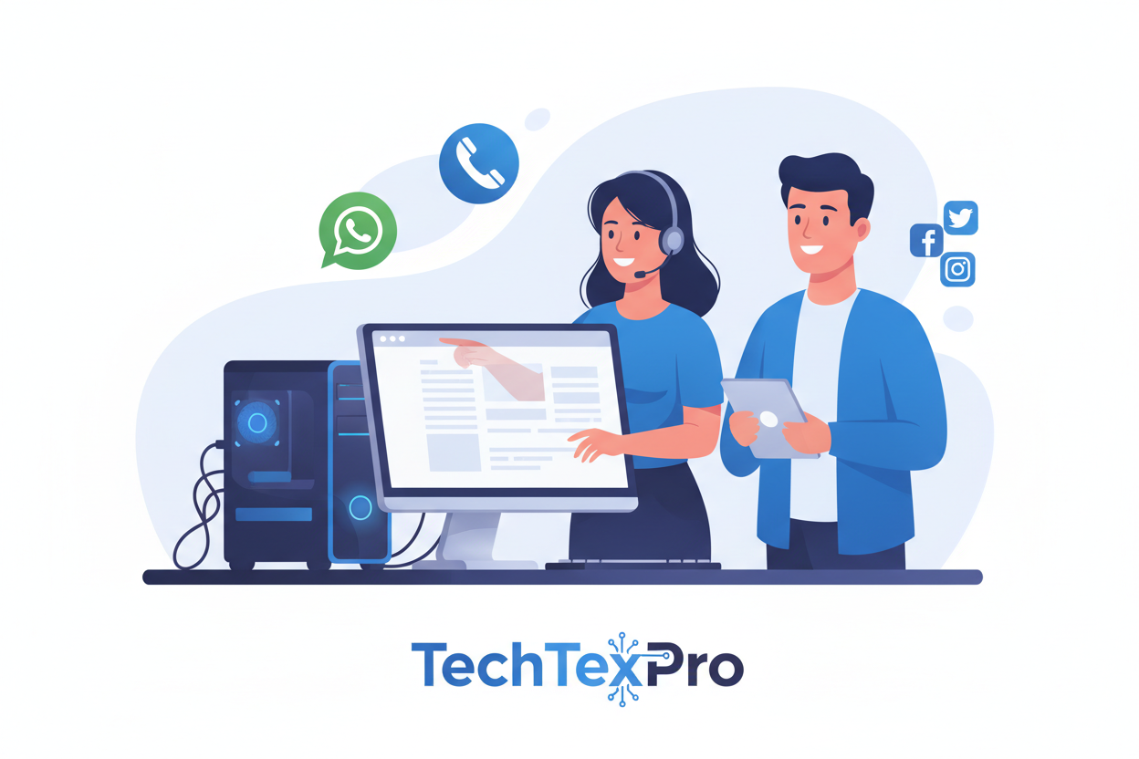 Service professionnel fourni par TechFixPro. Assistance complète via WhatsApp, téléphone ou réseaux sociaux pour : aide à la configuration d’un nouveau pc.