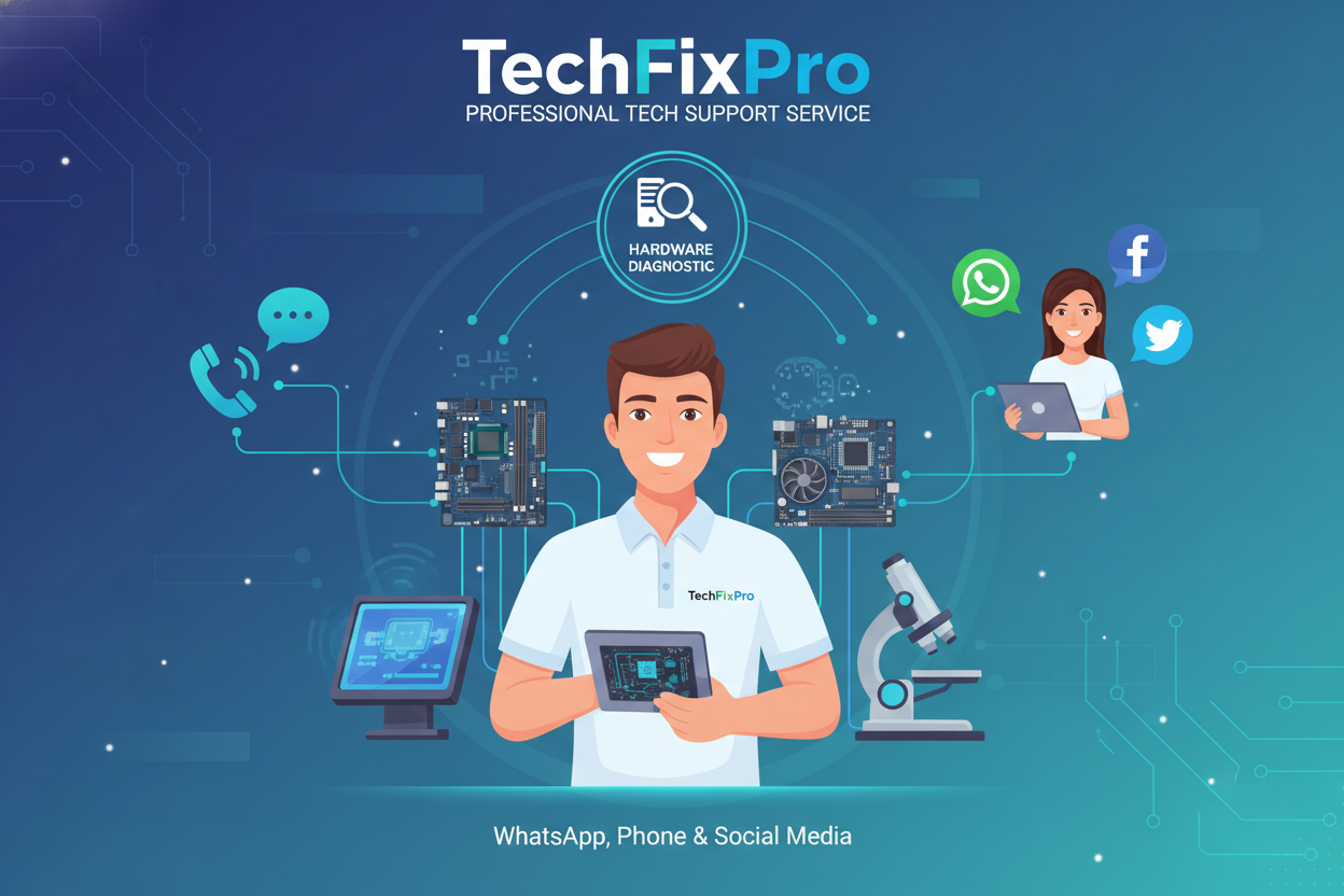 Service professionnel fourni par TechFixPro. Assistance complète via WhatsApp, téléphone ou réseaux sociaux pour : diagnostic matériel complet.