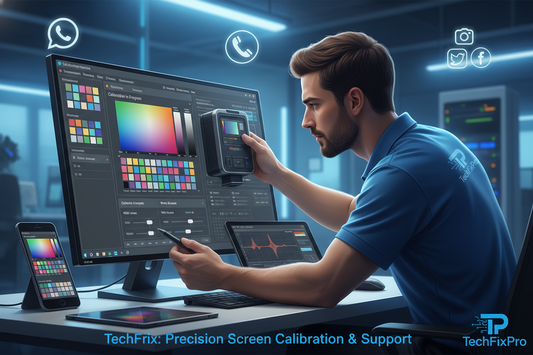 Service professionnel fourni par TechFixPro. Assistance complète via WhatsApp, téléphone ou réseaux sociaux pour : réglage et calibration d’écran.