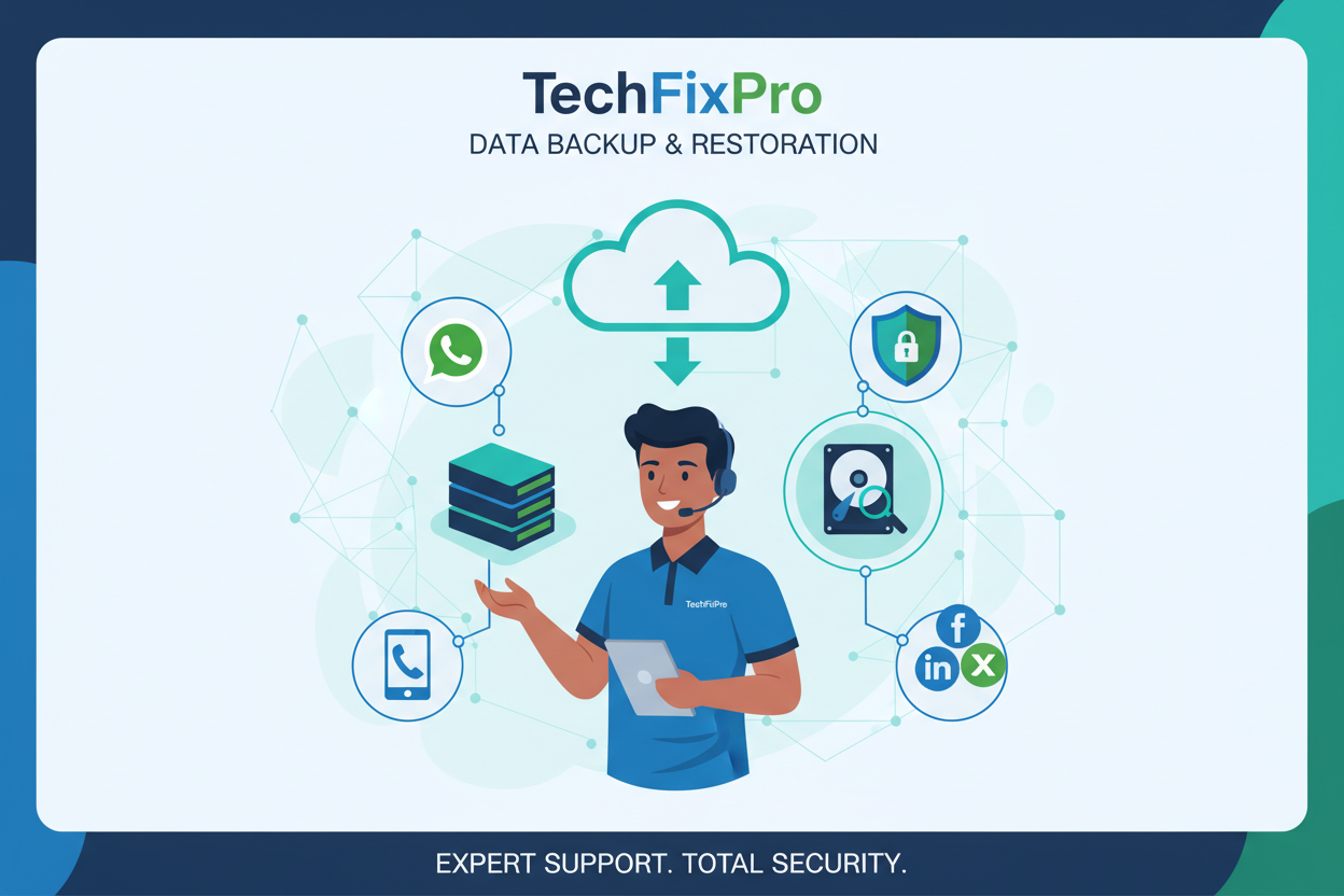 Service professionnel fourni par TechFixPro. Assistance complète via WhatsApp, téléphone ou réseaux sociaux pour : sauvegarde et restauration de données.