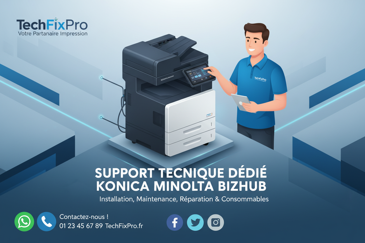 Service professionnel TechFixPro dédié aux imprimantes Konica Minolta Bizhub. Assistance complète via WhatsApp, téléphone ou réseaux sociaux pour : aide à l’installation d’un nouveau bizhub.