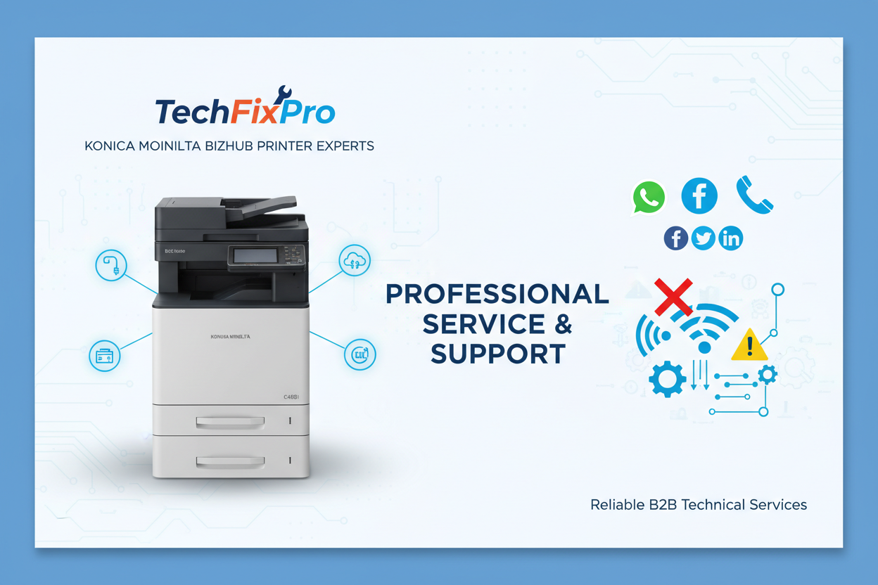 Service professionnel TechFixPro dédié aux imprimantes Konica Minolta Bizhub. Assistance complète via WhatsApp, téléphone ou réseaux sociaux pour : assistance erreur de communication réseau.