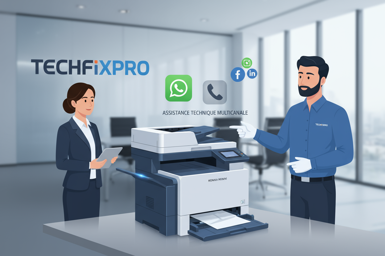 Service professionnel TechFixPro dédié aux imprimantes Konica Minolta Bizhub. Assistance complète via WhatsApp, téléphone ou réseaux sociaux pour : assistance pour bourrage papier bizhub.