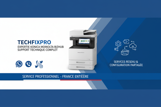 Service professionnel TechFixPro dédié aux imprimantes Konica Minolta Bizhub. Assistance complète via WhatsApp, téléphone ou réseaux sociaux pour : configuration d’imprimante partagée bizhub.