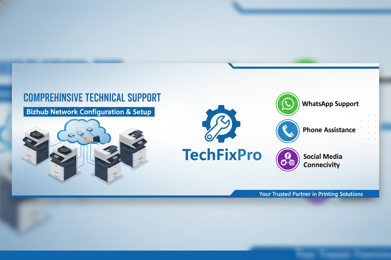 Service professionnel TechFixPro dédié aux imprimantes Konica Minolta Bizhub. Assistance complète via WhatsApp, téléphone ou réseaux sociaux pour : configuration réseau bizhub.