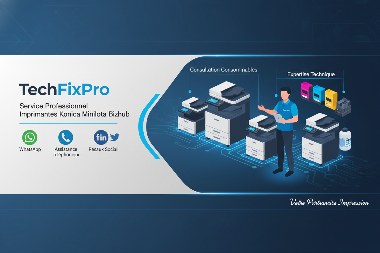 Service professionnel TechFixPro dédié aux imprimantes Konica Minolta Bizhub. Assistance complète via WhatsApp, téléphone ou réseaux sociaux pour : conseil d’achat de consommables compatibles.