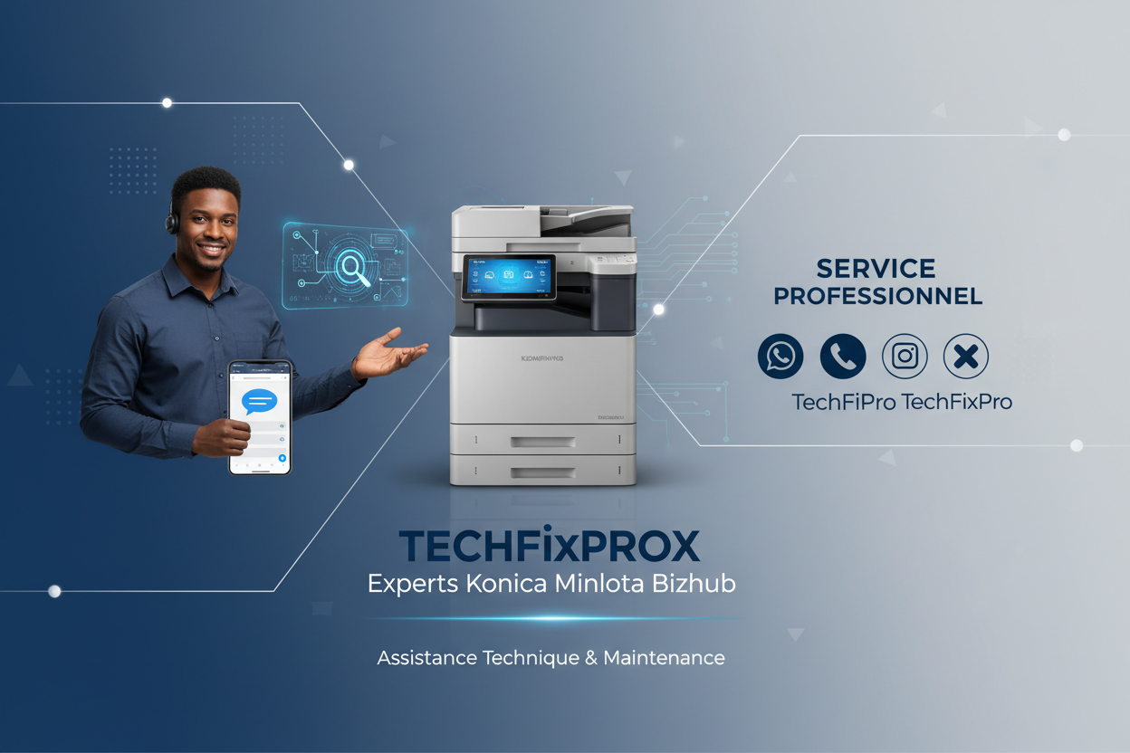 Service professionnel TechFixPro dédié aux imprimantes Konica Minolta Bizhub. Assistance complète via WhatsApp, téléphone ou réseaux sociaux pour : diagnostic à distance imprimante bizhub.