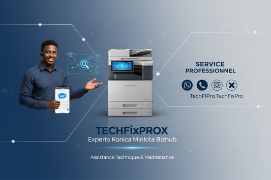 Service professionnel TechFixPro dédié aux imprimantes Konica Minolta Bizhub. Assistance complète via WhatsApp, téléphone ou réseaux sociaux pour : diagnostic à distance imprimante bizhub.
