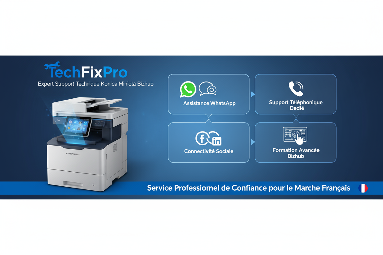 Service professionnel TechFixPro dédié aux imprimantes Konica Minolta Bizhub. Assistance complète via WhatsApp, téléphone ou réseaux sociaux pour : formation avancée sur le panneau bizhub.
