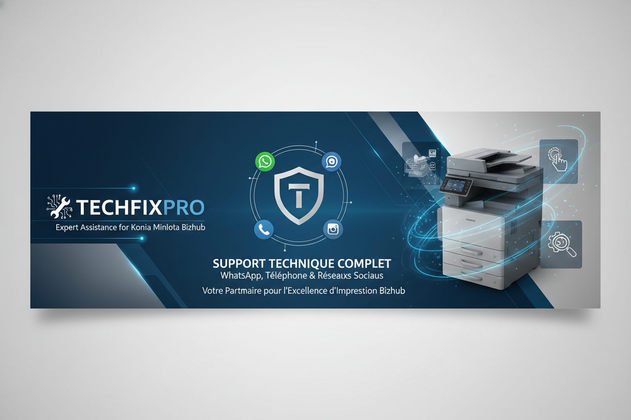 Service professionnel TechFixPro dédié aux imprimantes Konica Minolta Bizhub. Assistance complète via WhatsApp, téléphone ou réseaux sociaux pour : formation à l’utilisation bizhub.