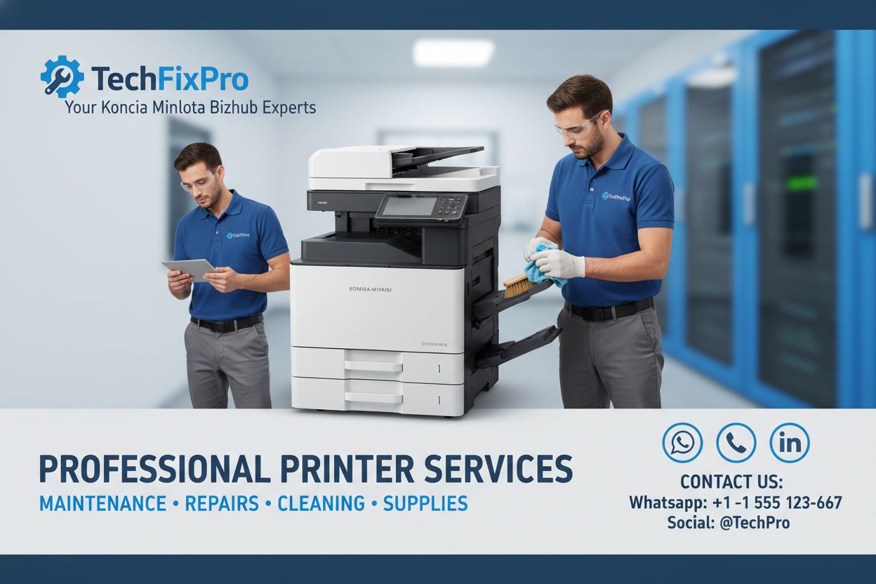 Service professionnel TechFixPro dédié aux imprimantes Konica Minolta Bizhub. Assistance complète via WhatsApp, téléphone ou réseaux sociaux pour : nettoyage et maintenance bizhub.
