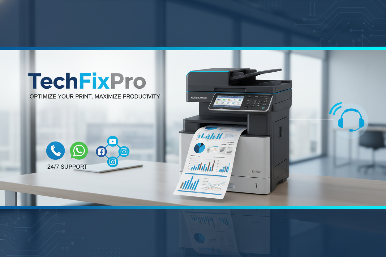 Service professionnel TechFixPro dédié aux imprimantes Konica Minolta Bizhub. Assistance complète via WhatsApp, téléphone ou réseaux sociaux pour : optimisation de la qualité d’impression.