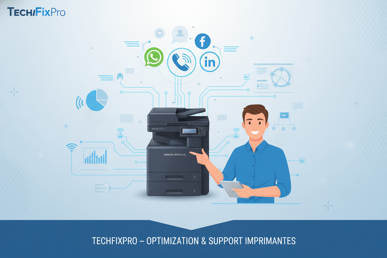 Service professionnel TechFixPro dédié aux imprimantes Konica Minolta Bizhub. Assistance complète via WhatsApp, téléphone ou réseaux sociaux pour : optimisation du flux de travail d’impression.