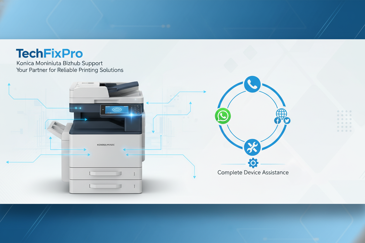 Service professionnel TechFixPro dédié aux imprimantes Konica Minolta Bizhub. Assistance complète via WhatsApp, téléphone ou réseaux sociaux pour : réinitialisation complète de l’appareil bizhub.