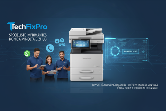 Service professionnel TechFixPro dédié aux imprimantes Konica Minolta Bizhub. Assistance complète via WhatsApp, téléphone ou réseaux sociaux pour : réinitialisation du firmware bizhub.