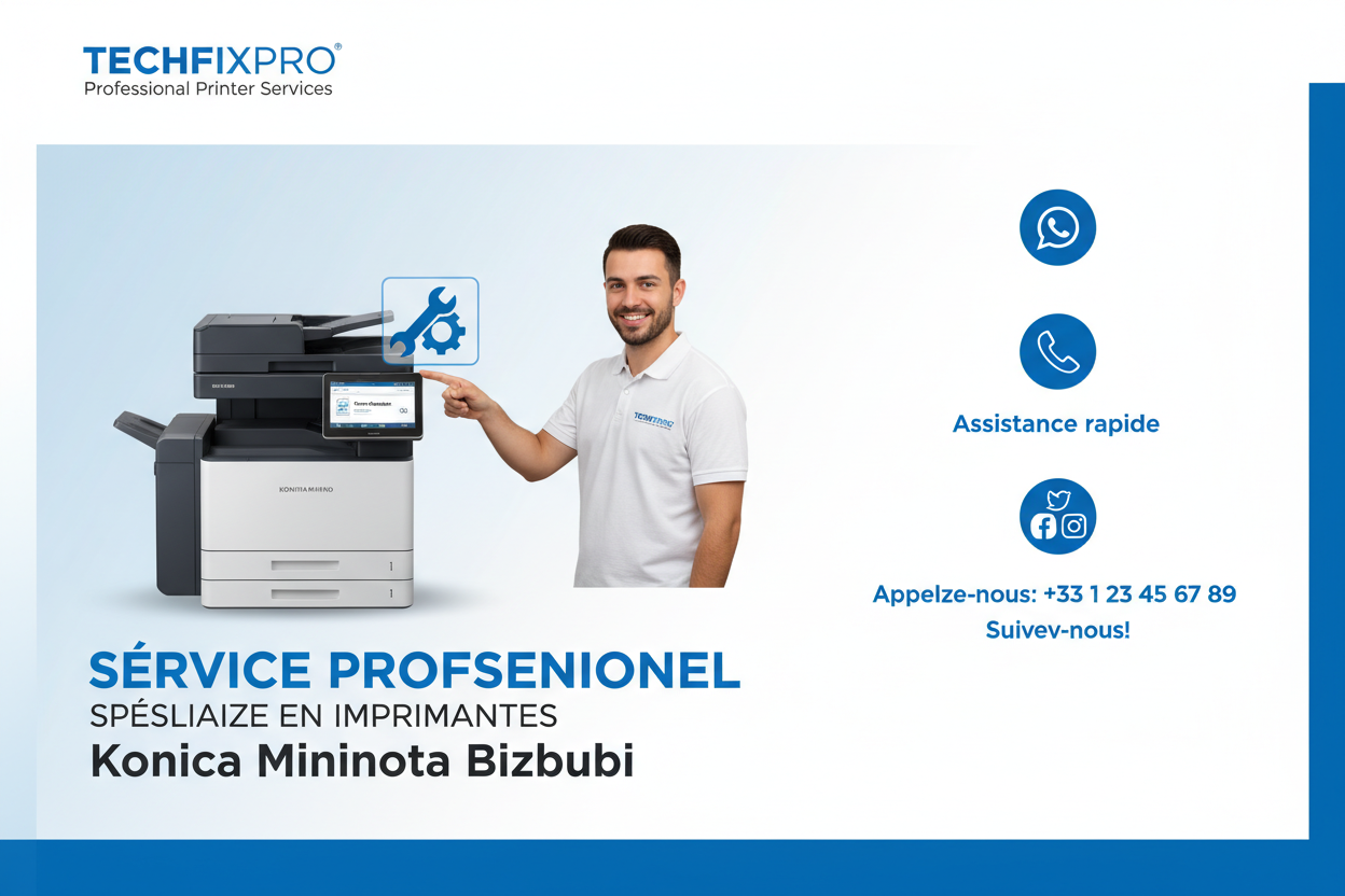 Service professionnel TechFixPro dédié aux imprimantes Konica Minolta Bizhub. Assistance complète via WhatsApp, téléphone ou réseaux sociaux pour : résolution d’erreurs d’impression bizhub.