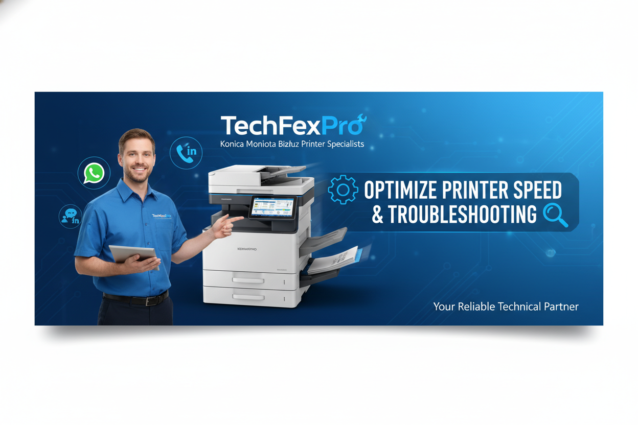Service professionnel TechFixPro dédié aux imprimantes Konica Minolta Bizhub. Assistance complète via WhatsApp, téléphone ou réseaux sociaux pour : résolution lenteur d’impression bizhub.