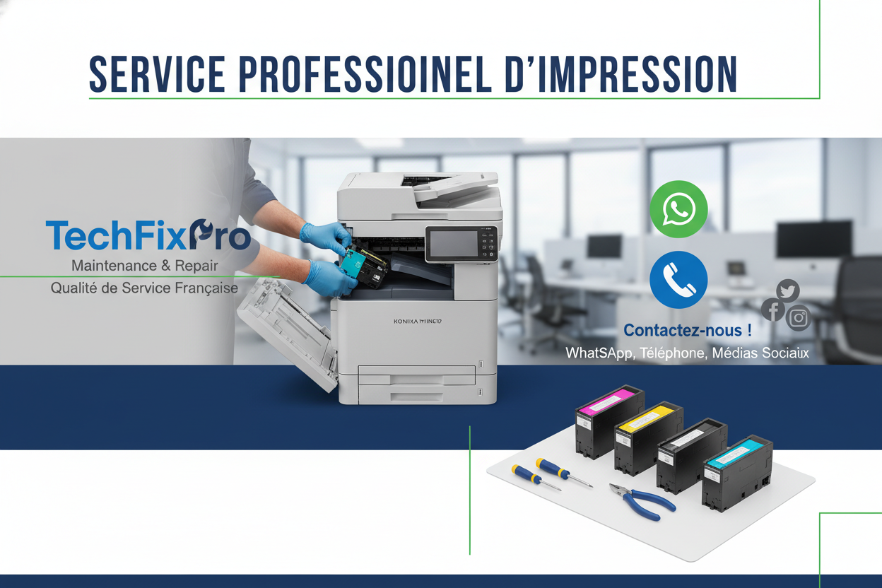 Service professionnel TechFixPro dédié aux imprimantes Konica Minolta Bizhub. Assistance complète via WhatsApp, téléphone ou réseaux sociaux pour : remplacement de cartouches et toners.
