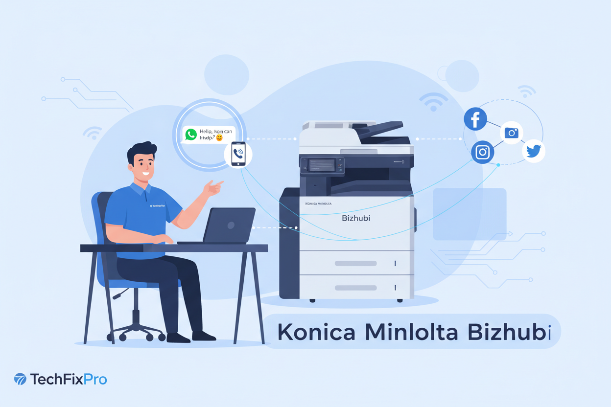 Service professionnel TechFixPro dédié aux imprimantes Konica Minolta Bizhub. Assistance complète via WhatsApp, téléphone ou réseaux sociaux pour : support à distance via whatsapp pour bizhub.